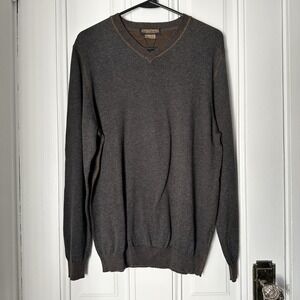 Lenor Romano‎ V-Neck Pullover Sweater Gray Brown Cotton Men's Medium New